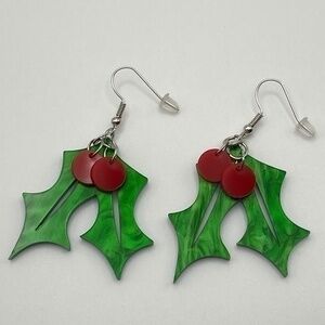 Holly Acrylic Earrings Green and Red Christmas Holiday Dangle Earrings